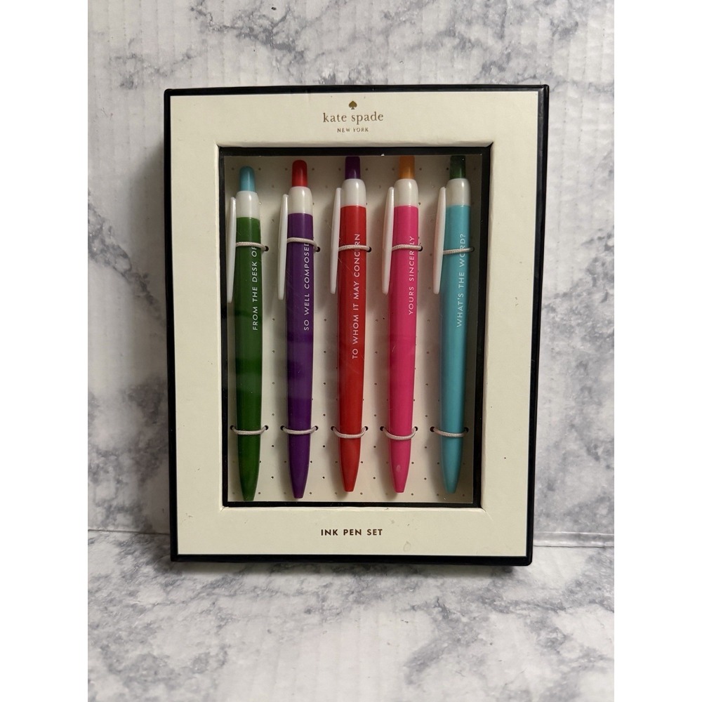 Kate Spade New York Black Ink Pen Set Sassy Sayings Set of 5 Brand New Colorful